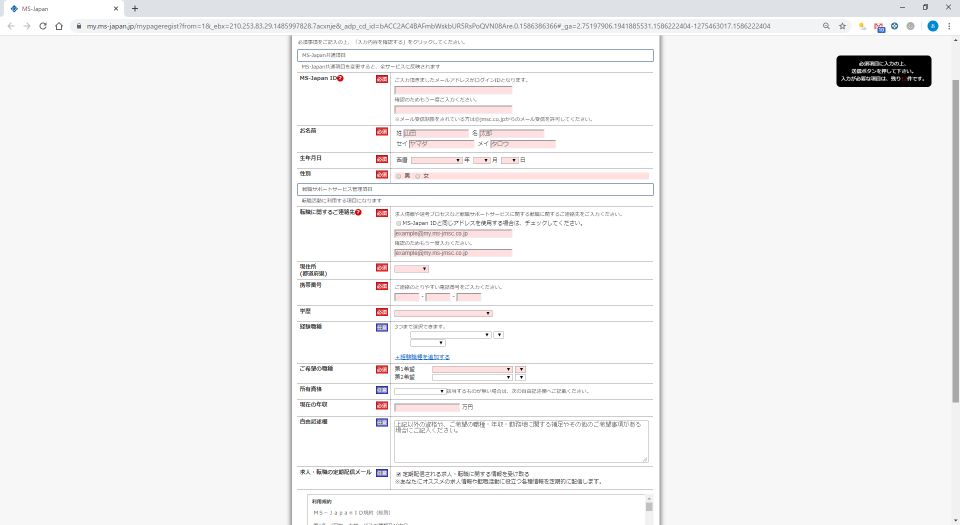 MS-Japanの登録画面